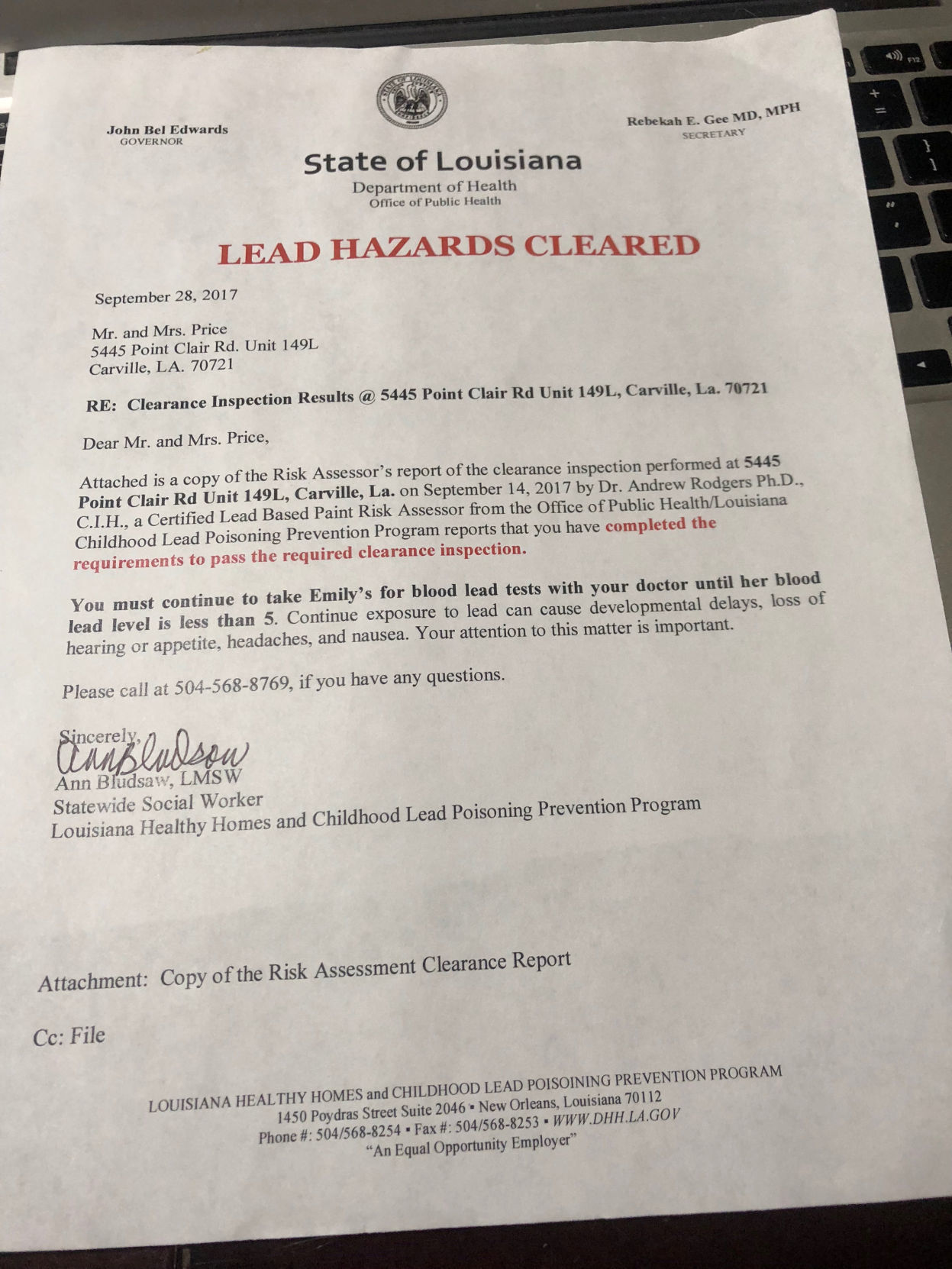 A statement from the State of Louisiana Department of Health informs the Price family after they were already forced to move, that lead hazards in their home at the Gillis W. Long National Guard Center in Carville